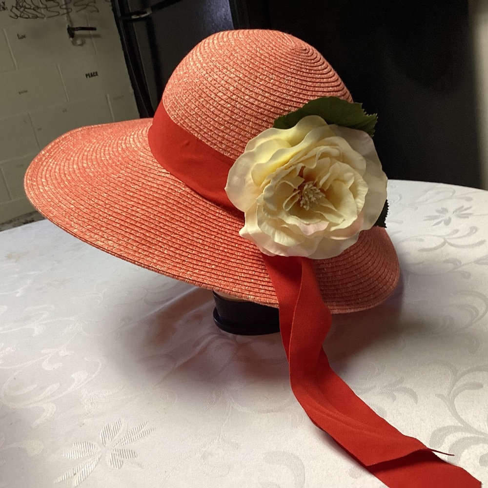 RED STRAW FLOPPY HAT WITH HUGE FLOWER DETAIL FLORENTINO 🇮🇹a ITALY